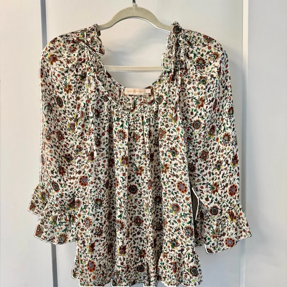 Tory Burch 100% Silk Botanical Woodblock Print Peasant Blouse Size 8 Boho Chic